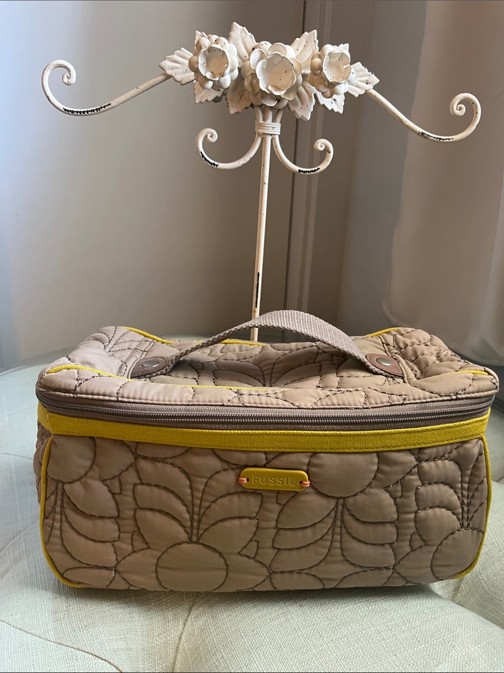 Fossil Taupe Quilted Makeup Case and Mirror with Yellow Green Accent